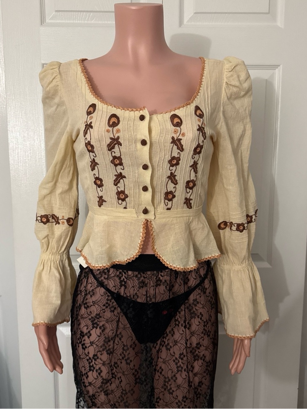 Vintage 70s Cotton Floral Peasant Blouse Top XS S